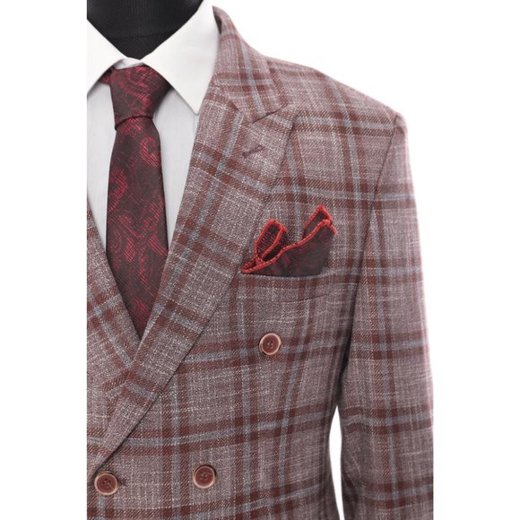 Derman Double Breasted Burgundy Plaid Luxury Jacket - Picture 2 of 6
